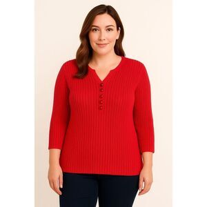 Avenue Women’s 18/20 Red Ribbed Cotton Pullover Sweater – 6-Button Y-Neck Henley